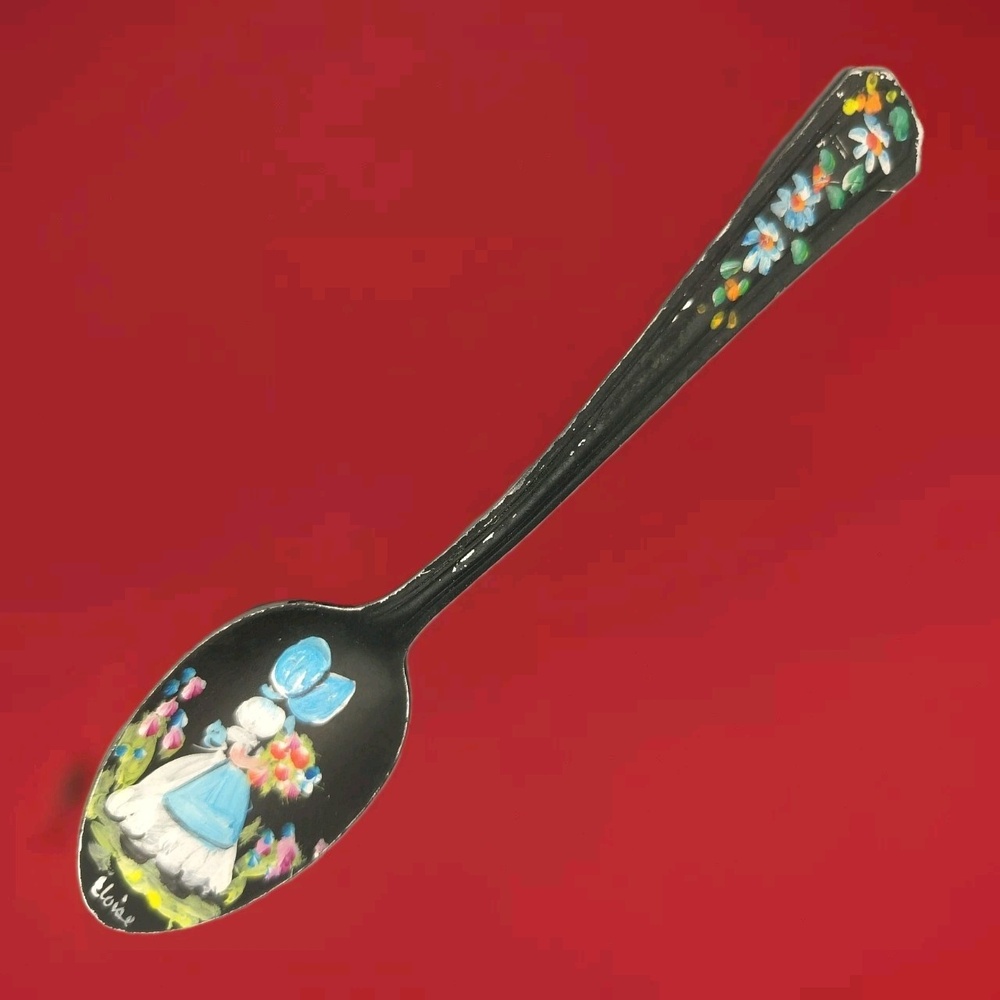 Eloise Spoon Folk Art Vintage Black Floral Girl Bonnet Flowers Signed